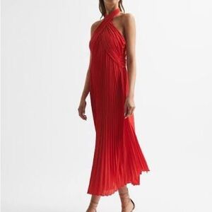 Reiss Red Pleated Halter Midi Dress